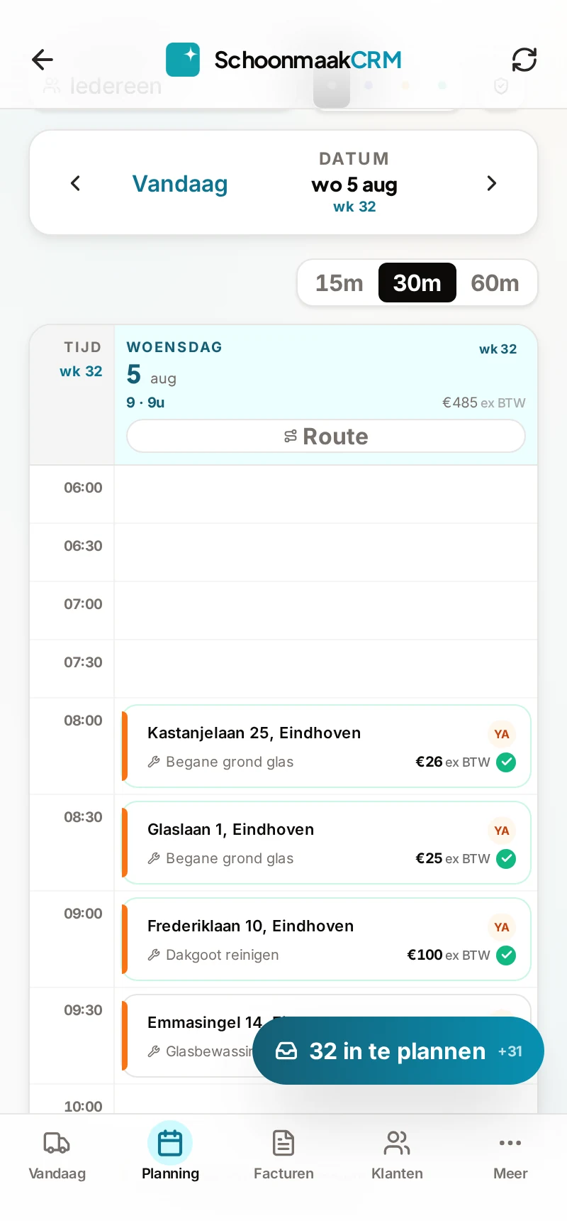 Schoonmaak CRM op mobiel — Planning